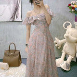 Daiiibabyyy Vintage Chiffon Midi Dress Women Floral Print Design Korean Party Split Dress Female Summer Evening Beach Boho Dress  Casual