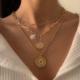 DAIIIBABYYY  -  Goth Baroque Imitation Pearl Coin Portrait Pendant Necklace Women Vintage Multi Layer Link Chain Necklace Punk Aesthetic Jewelry