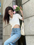 Daiiibabyyy New Vintage Loose Wide Leg Jeans for Women High Waist Sexy Pearl Hollow Korean Casual Straight Trousers Women