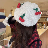 Daiiibabyyy Korean Cherry Lamb Wool Warm Beret Hat Women Big Head Bud Painter Hat Japanese Woolen Painter Hat