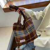 Daiiibabyyy Retro niche bag woven wool plaid single shoulder large capacity plaid canvas bag Korean version new bag aesthetic urban