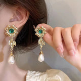 DAIIIBABYYY  -  Charm Emerald Pearl Drop Dangle Earrings for Women Temperament Gold Color Flower Stud Earrings Wedding Bride Jewelry Accessories