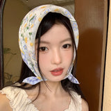 Daiiibabyyy Korean Thin Idyllic Flower Headscarf Women Spring and Summer New Versatile Literary and Retro Decorative Square Hair Scarf