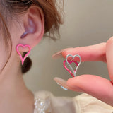 DAIIIBABYYY  -  Fashion Double Heart Stud Earrings For Women Lovely Personality Pink Clip-on Earrings Party Jewelry