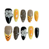 DAIIIBABYYY  -  10pcs Handmade Press on Nails 3D Petal Flower Design Fake Nail Tips Ins Black Yellow Almond False Nail Tips for Girl Wearable