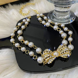 Daiiibabyyy Luxury Multi-layer Imitation Pearls Choker Necklaces for Women Bow Necklace Rhinestones Necklaces Female Wedding Party Jewelry