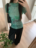 DAIIIBABYYY  -   Green Plaid Turtleneck Designer T Shirt For Women Summer Tops Patchwork High Neck Fashion Tees Aesthetic Clothes