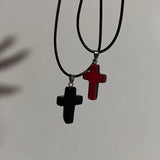 Daiiibabyyy Vintage Gothic Black Rope Red Cross Pendant Necklace for Couple Jewelry Aesthetic Accessories