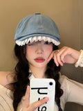 Daiiibabyyy  -  Women Spring Summer Lace Denim Beret Cap Japanese Retro Painter Hat Versatile Big Head Circumference Forward Hat