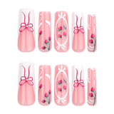 DAIIIBABYYY  -  Sweet Pink French White Edge Wearing False Nail Long Coffin Fake Nail Strawberry Bow Pattern Korean Cute Style Press on Nails