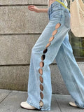 Daiiibabyyy New Vintage Loose Wide Leg Jeans for Women High Waist Sexy Pearl Hollow Korean Casual Straight Trousers Women