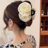 Daiiibabyyy Elegant Vintage Satin Colour Rose Flower Hair Claw  Ponytail Holder Hair Clip Hairpin Women Girl Barrettes Hair Accessories