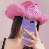 DAIIIBABYYY  -  2024 Pink Feather Western Cowboy Hat Women British Retro Jazz Caps Theme Party Halloween Carnival Hats Wide Brim Wool Felt Hat