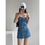 DAIIIBABYYY  -  Women Denim Dress Summer New Sexy Straps Skinny Short Skirt Blue Korean Fashion Classic Streetwear One Word Collar Jean Dress