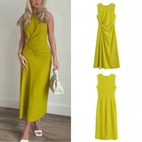 Daiiibabyyy   -  Women's Elegant Mustard Side Gathering Round Neck Back Zip Sleeveless Midi Dress Ruffle Dress Yellow Sleeveless Tank Dress