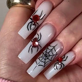 Daiiibabyyy 24Pcs Halloween Ballet False Nails with Ghost Spider Web Design Pink French Fake Nails Detachable Coffin Press on Nail Tips