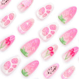 DAIIIBABYYY  -  24pcs Sweet Pink Fruit Style False Nails 3D Cherry Strawberry Design Ins Korean Cute Fake Nail Tips Girl Wearable Press on Nails