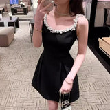 DAIIIBABYYY  -  High Quality Luxury Vestidos Para Mujer Black Strap Dress  Summer New French Pearl Collar Skirt Temperament Women's Dress