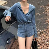 DAIIIBABYYY  -  Autumn Women Denim Pants Suits Blue Hooded Pullover Shirt Top Female High Waist Shorts Fashion Streetwear