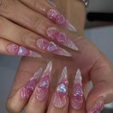 Daiiibabyyy 24pcs Almond Stiletto Glitter Pink French Press on Acrylic Nails with 3D Love Design Ballet Long False Nail Full Cover Nail Tips