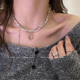 Daiiibabyyy Transparent Crystal Heart Pearl Double Layer Chain Pendant Necklace for Women Sweet Cool Charm Clavicle Chain Trend Jewelry