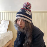 DAIIIBABYYY  -  Sweet Atmosphere Retro Jacquard Knitted Beanies Cap for Women and Men Winter Casual Warm Versatile Cute Pom-pom Pullover Hat