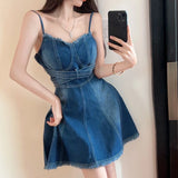 DAIIIBABYYY  -  Summer Blue Dress Womens Sling Dress Vintage Sleeveless Sexy Korean Fashion Simple Temperament Zipper   Y2K Denim Miniskirt