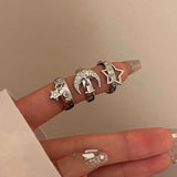 DAIIIBABYYY  -  Y2K Style Crystal Pentagonal Star Ring for Women Romantic Moon Hollowed Out Star Personality Metal Finger Rings Fashion Jewelry