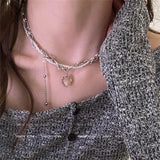 Daiiibabyyy Transparent Crystal Heart Pearl Double Layer Chain Pendant Necklace for Women Sweet Cool Charm Clavicle Chain Trend Jewelry