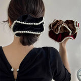 DAIIIBABYYY  - French Vintage Pearl Velvet Scrunchies Hair Tie Large Intestine Hairband Simple Elastic Hair Band Headwear Hair Accessories