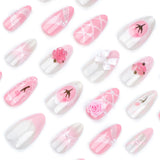 DAIIIBABYYYY  -  24pcs Korean Cute Fake Nails with Sweet Pink 3D Flowers Bowknot Design Almond False Nail Patch Wearable Press on Nails for Girls