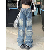 DAIIIBABYYY  -  Blue Women Jeans High Waist Vintage Multiple Pockets Straight Y2K Baggy Denim Pants Street American Style Wide Leg Denim Trouser