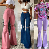 Daiiibabyyy Spring Summer Flare Pants for Woman Ripped Raw Edge Flared Women's Jeans Butt-lifting High Waisted Denim Trousers