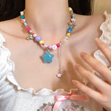 DAIIIBABYYY  -  Summer Y2K Colorful Dopamine Star Pendant Heart Flowers Beaded Necklace for Women Cute Sweet Acrylic Crystal Neck Chain