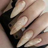 Daiiibabyyy 24Pcs Press on Nails Long Stiletto False Nails with Glitter Powder Pink Marbling Design Fake Nail Tips Reusable Almond Nails Art