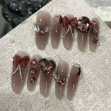 Daiiibabyyy 10PCS Detachable Handmade False Nails with Glue Sweet Cool Y2k Press on Acrylic Nails Almond Ballerina Dark Red Fake Nails Tips