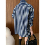 Daiiibabyyy   -  Autumn Contrast Stripe Pocket Shirts Women Turn Down Collar Loose Long Sleeve Oversized Tops