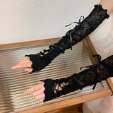 Daiiibabyyy Lolita JK Girls Lace Gloves Delicate Bow Ruffles Tulle Mittens Temperament Bride Wedding Party Gloves