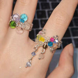 DAIIIBABYYY  -  Y2K Aesthetics Colorful Crystal Beaded Tassel Ring for Women Sweet Cute Girls Charm Elastic Rings Korean Fashion Jewelry Gifts