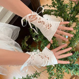 Daiiibabyyy Lolita JK Girls Lace Gloves Delicate Bow Ruffles Tulle Mittens Temperament Bride Wedding Party Gloves