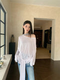 DAIIIBABYYY  -  Off The Shoulder White Long Sleeve Tees Bandage Oversized T Shirt Women Rayon Casual Tops Autumn Fall Clothes 2024