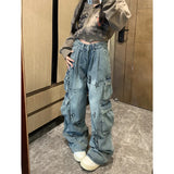 DAIIIBABYYY  -  Blue Graffiti Jeans Women Y2K Vintage High Waisted Jeans Straight Streetwear Casual Loose Large Size Wide Leg Denim Pants