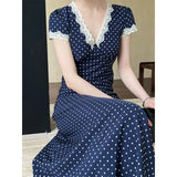 DAIIIBABYYY  -  Summer Lace Patchwork Polka Dot Dress Women V-neck Elegant High Waist A-line Midi Dresses