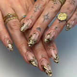 DAIIIBABYYY  -  24pcs Gold Baroque False Nails Patch French Gold Star Pattern Fake Nail Almond Wearable Girl Press on nail Tips Manicure Sets