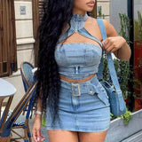 DAIIIBABYYY  -  Denim Crop Tops Dress 2 Piece Mini Skirt Sets Women Sexy Cargo Dress Y2K Denim Jean Two Piece Sets Summer Outfits Clothes