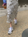 DAIIIBABYYY  -  Metallic Long Silver Skirt For Women Summer Texture Ruched High Fashion A Line Glitter Slit Midi Skirt Designer Clothes