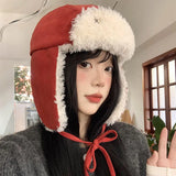 DAIIIBABYYY  -  Vintage Red Plush Strap Bomber Hats for Women Show Face Small Autumn and Winter Outdoor Warm Ear Protection Versatile Ski Caps