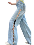 Daiiibabyyy New Vintage Loose Wide Leg Jeans for Women High Waist Sexy Pearl Hollow Korean Casual Straight Trousers Women