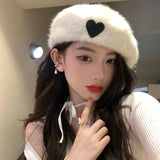 Daiiibabyyy New Fluffy Soft Women Rabbit 's Hair Berets French Artist Style Warm Winter Beanie Hat Beret Solid Color Elegant Lady