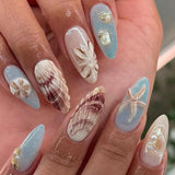 DAIIIBABYYYY  -  24pcs 3D Sea Shells Decor Fake Nails Ins Blue Sea Starfish Press on Nails Full Cover Wearable French Almond False Nail Tips